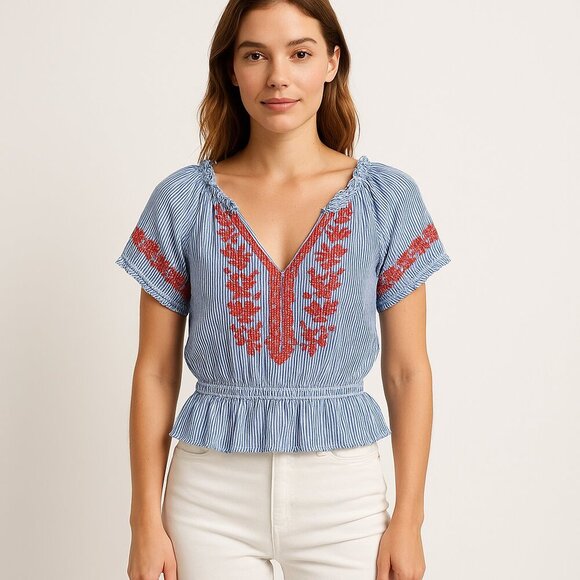 Auguste Cotton Striped Embroidered Boho Peasant Blouse Festival Top Size Small - Picture 3 of 11